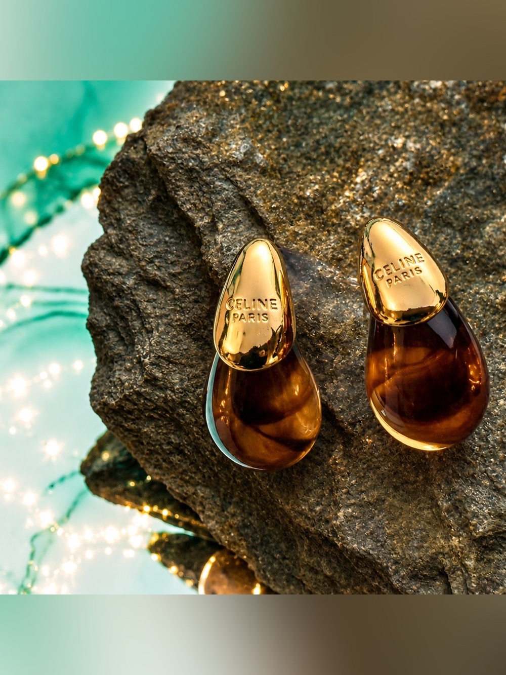 Brown Amber Teardrop Earrings Gold Tone Statement Drop Earrings